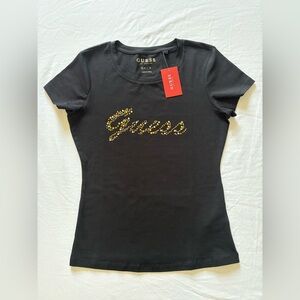 NWT-GUESS Women's Jet Black Logo Studded Tee